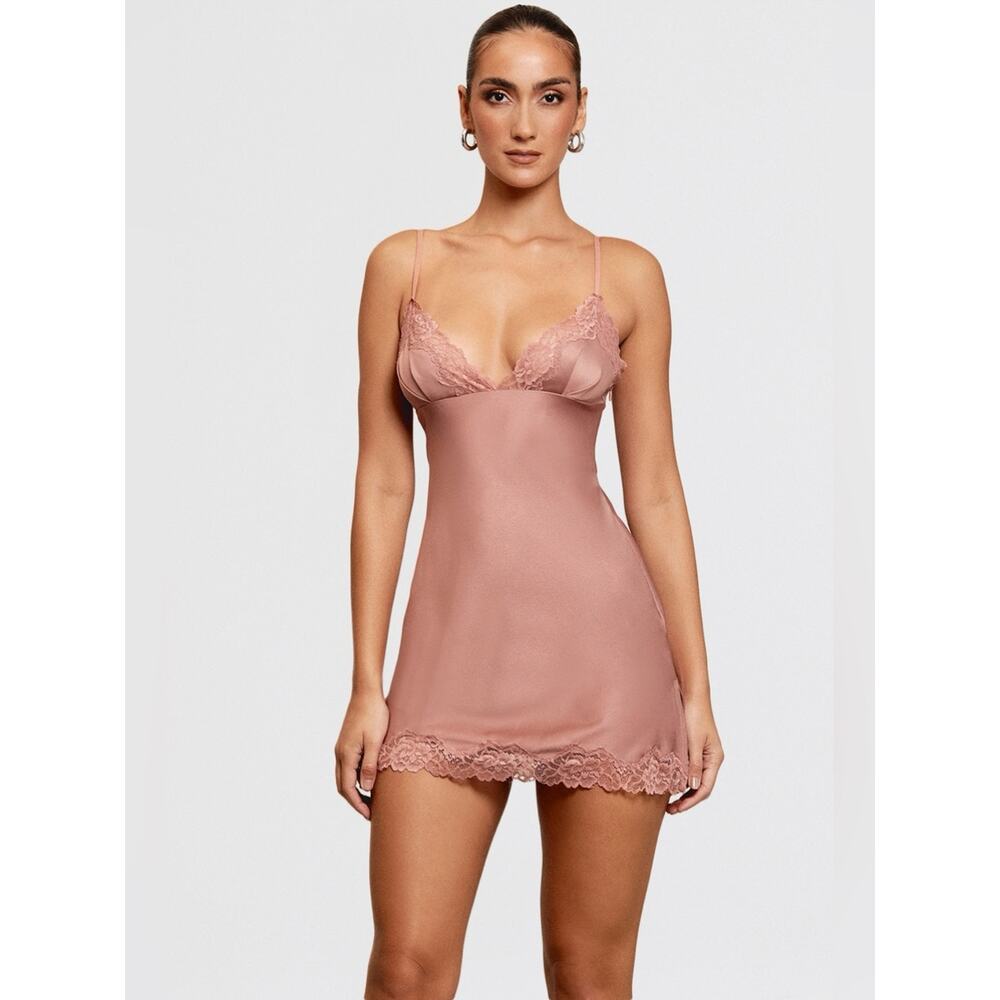 House of CB Nia Rose Pink Satin & Lace Slip Dress M - Picture 2 of 10
